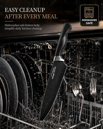 Knife Set, 15 Piece Kitchen Knife Set with Block and Built in Sharpener, German Stainless Steel Dishwasher Safe Knife Block Set, Black Kitchen Knives Set for Home Cooking