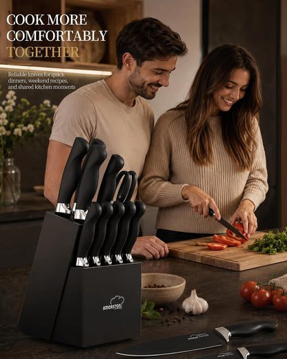 Knife Set, 15 Piece Kitchen Knife Set with Block and Built in Sharpener, German Stainless Steel Dishwasher Safe Knife Block Set, Black Kitchen Knives Set for Home Cooking