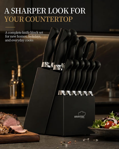 Knife Set, 15 Piece Kitchen Knife Set with Block and Built in Sharpener, German Stainless Steel Dishwasher Safe Knife Block Set, Black Kitchen Knives Set for Home Cooking