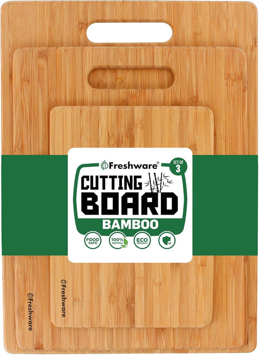 Bamboo Cutting Board Set of 3, Wooden Cutting Boards for Kitchen, Knife Friendly Food Grade Chopping Board, Lightweight with Hanging Hole for Easy Storage