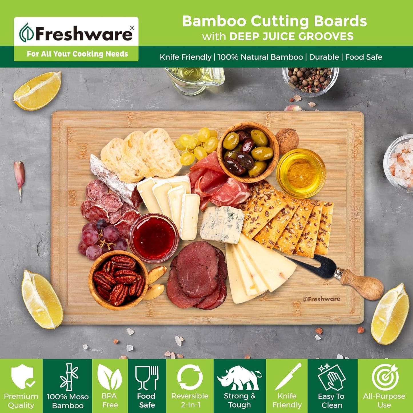 Bamboo Cutting Board Set of 3, Wooden Cutting Boards for Kitchen, Knife Friendly Food Grade Chopping Board, Lightweight with Hanging Hole for Easy Storage