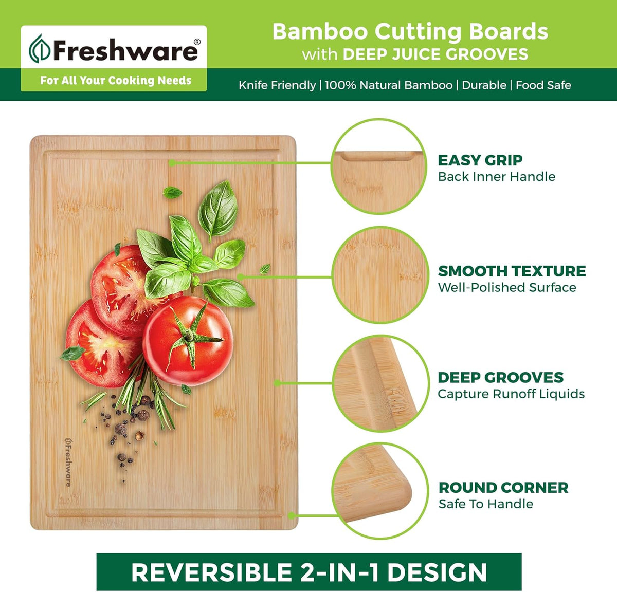 Bamboo Cutting Board Set of 3, Wooden Cutting Boards for Kitchen, Knife Friendly Food Grade Chopping Board, Lightweight with Hanging Hole for Easy Storage