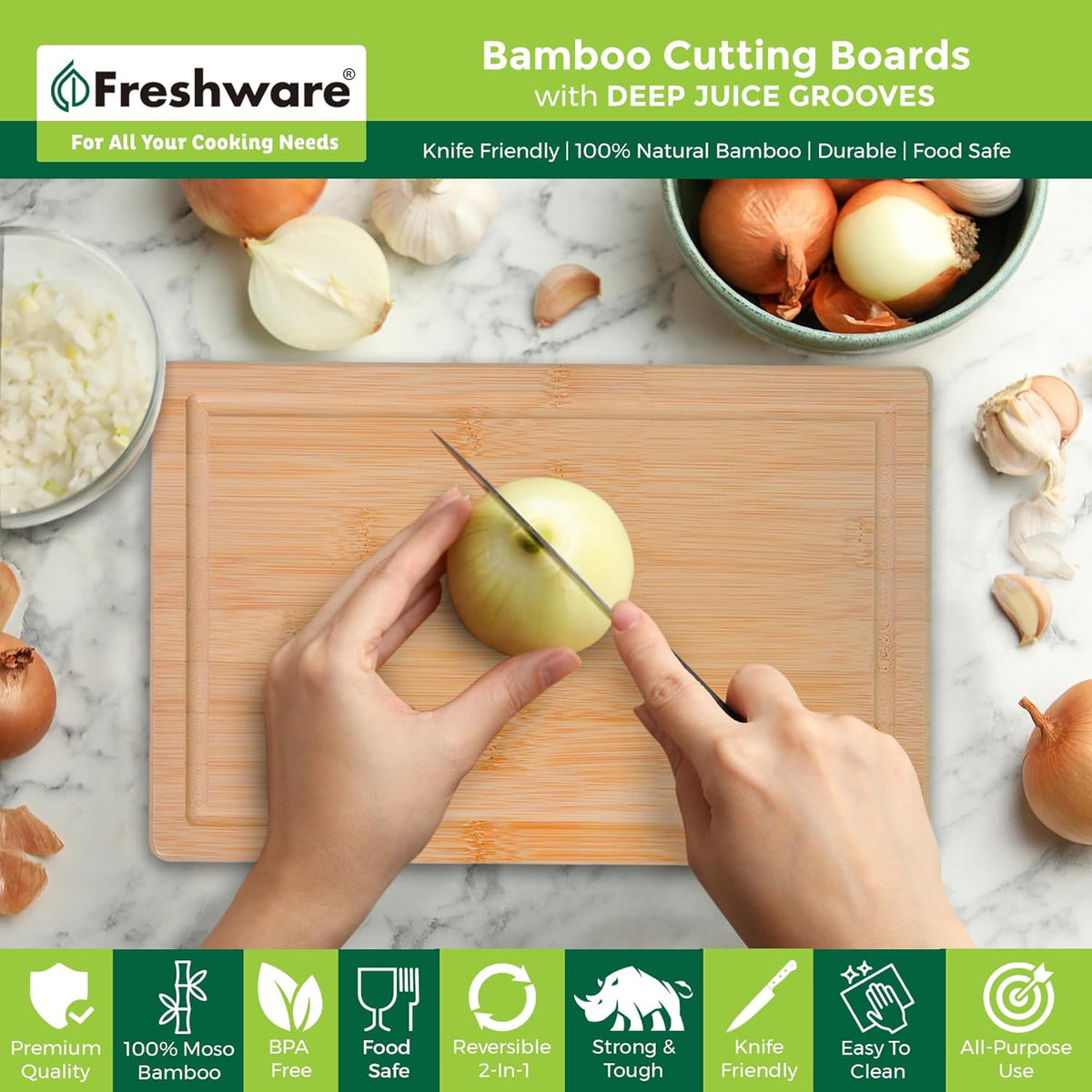Bamboo Cutting Board Set of 3, Wooden Cutting Boards for Kitchen, Knife Friendly Food Grade Chopping Board, Lightweight with Hanging Hole for Easy Storage