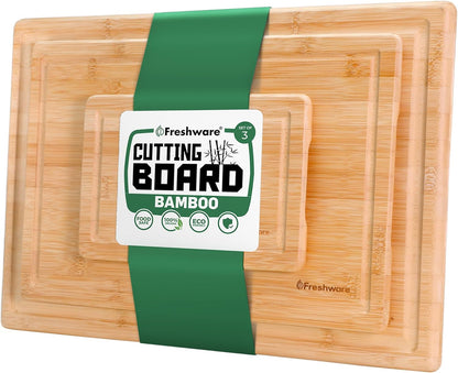Bamboo Cutting Board Set of 3, Wooden Cutting Boards for Kitchen, Knife Friendly Food Grade Chopping Board, Lightweight with Hanging Hole for Easy Storage
