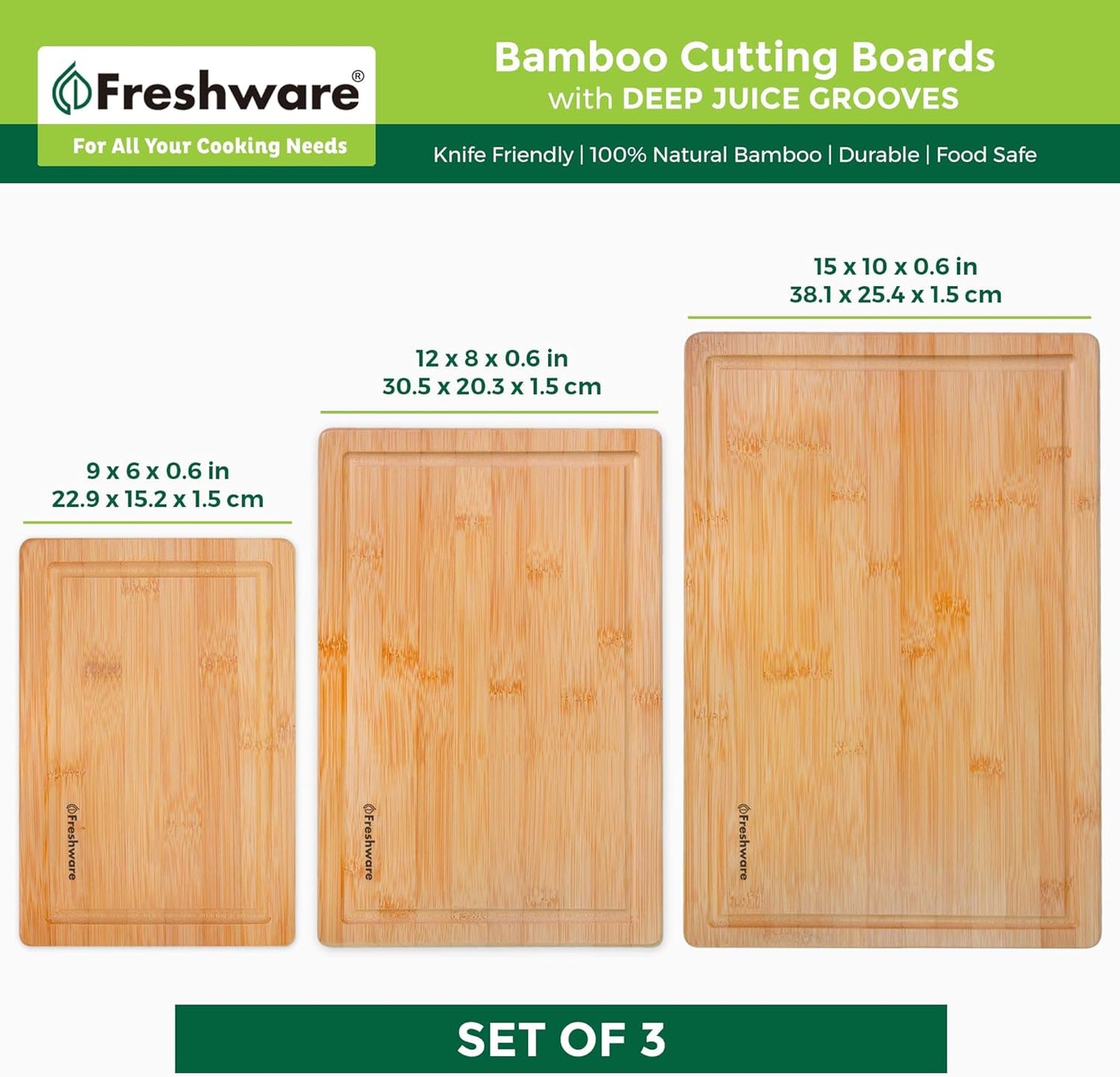Bamboo Cutting Board Set of 3, Wooden Cutting Boards for Kitchen, Knife Friendly Food Grade Chopping Board, Lightweight with Hanging Hole for Easy Storage