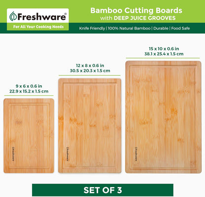 Bamboo Cutting Board Set of 3, Wooden Cutting Boards for Kitchen, Knife Friendly Food Grade Chopping Board, Lightweight with Hanging Hole for Easy Storage