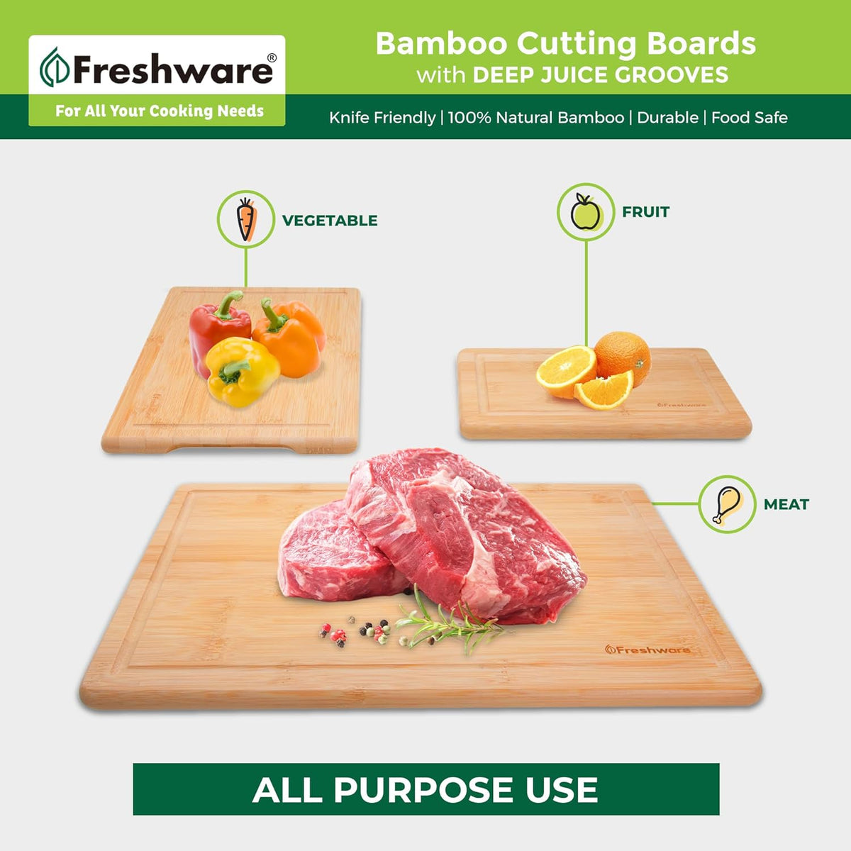 Bamboo Cutting Board Set of 3, Wooden Cutting Boards for Kitchen, Knife Friendly Food Grade Chopping Board, Lightweight with Hanging Hole for Easy Storage