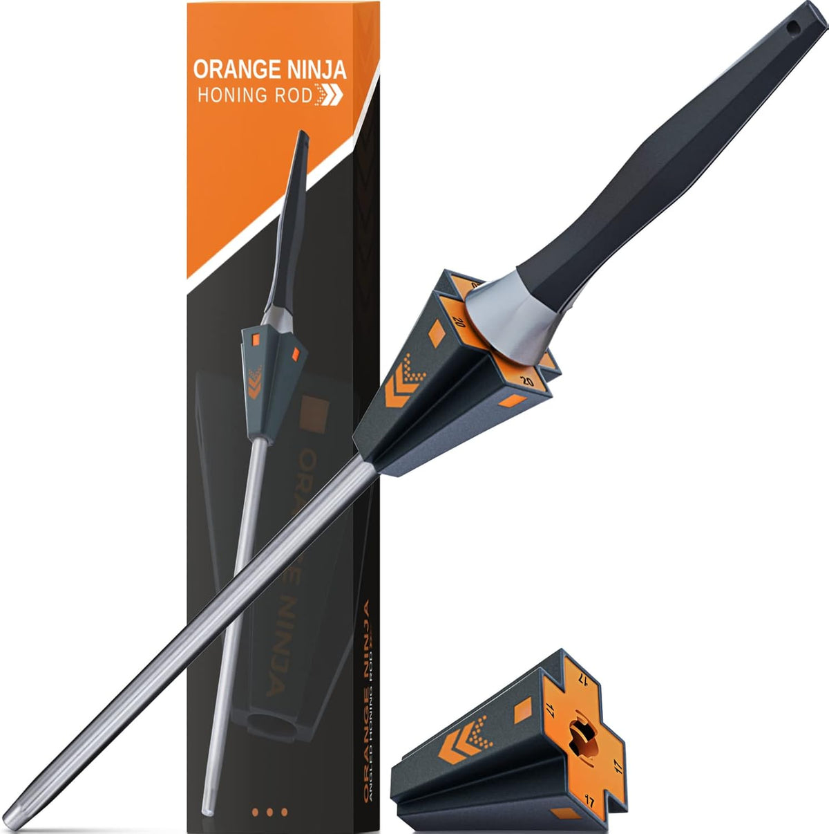 Orange Ninja Knife Honing Rod 10-inch with Adjustable Angle Guides | 17° & 20°- Premium Quality Sharpening Steel Sharpener to keep Kitchen Knives Sharp
