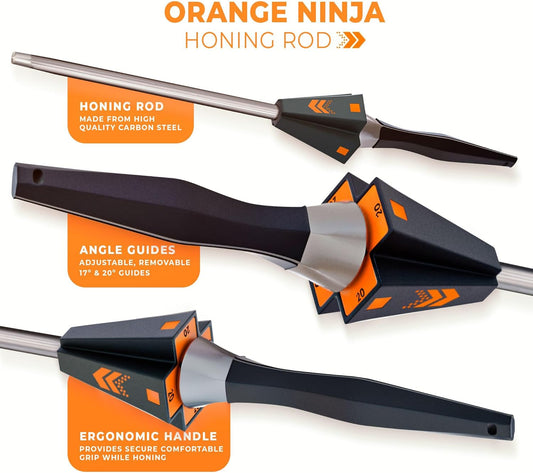 Orange Ninja Knife Honing Rod 10-inch with Adjustable Angle Guides | 17° & 20°- Premium Quality Sharpening Steel Sharpener to keep Kitchen Knives Sharp