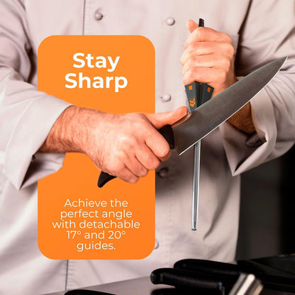 Orange Ninja Knife Honing Rod 10-inch with Adjustable Angle Guides | 17° & 20°- Premium Quality Sharpening Steel Sharpener to keep Kitchen Knives Sharp