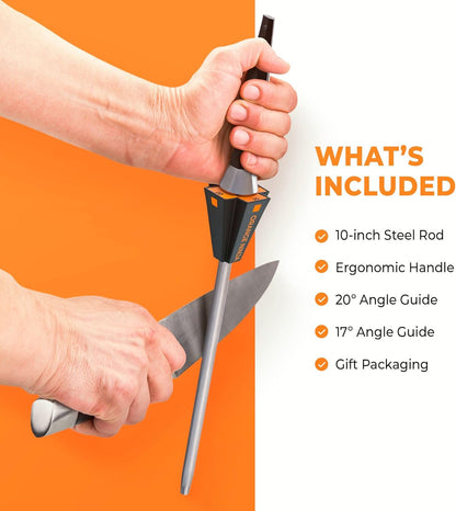 Orange Ninja Knife Honing Rod 10-inch with Adjustable Angle Guides | 17° & 20°- Premium Quality Sharpening Steel Sharpener to keep Kitchen Knives Sharp