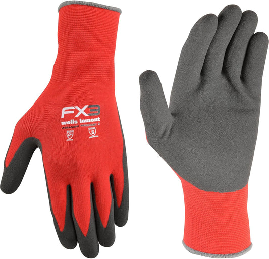Men's FX3 Nitrile Coated Grip Work Gloves – Tear & Abrasion Resistant – Heavy Duty for Construction, DIY, Mechanics – Breathable 15-Gauge Nylon/Spandex Shell – Red - M