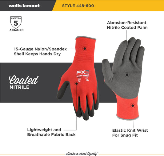 Men's FX3 Nitrile Coated Grip Work Gloves – Tear & Abrasion Resistant – Heavy Duty for Construction, DIY, Mechanics – Breathable 15-Gauge Nylon/Spandex Shell – Red - M