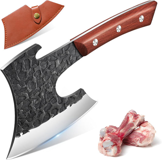 Butcher Knife Heavy Duty Meat Cleaver | Hand Forged Kitchen Axe, Ergonomic Wooden Handle, Gift Box, for Bone Chopping, Outdoor BBQ and Cooking