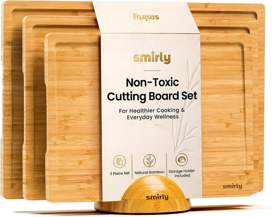 Cutting Boards for Kitchen, 3 Piece Bamboo Cutting Board with Stand | Non Toxic Wooden Cutting Board with Juice Grooves and Handles, Multiple Sizes Chopping Boards for Meat Vegetable Charcuterie