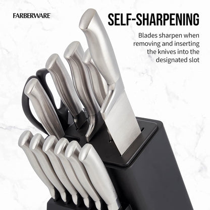 Self-Sharpening Knife Block Set, 13-Piece Kitchen Knife Set with EdgeKeeper Technology, High-Carbon Stainless Steel Blades, Ergonomic Hollow Handles, Black Wood Block