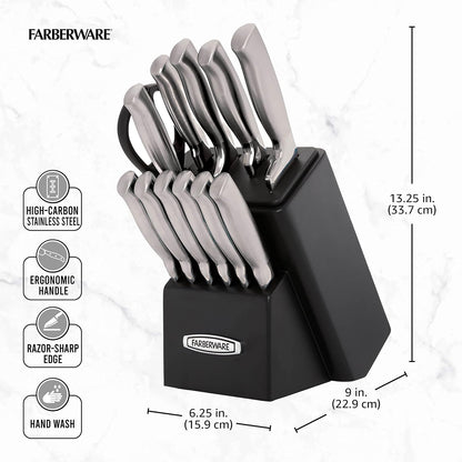 Self-Sharpening Knife Block Set, 13-Piece Kitchen Knife Set with EdgeKeeper Technology, High-Carbon Stainless Steel Blades, Ergonomic Hollow Handles, Black Wood Block