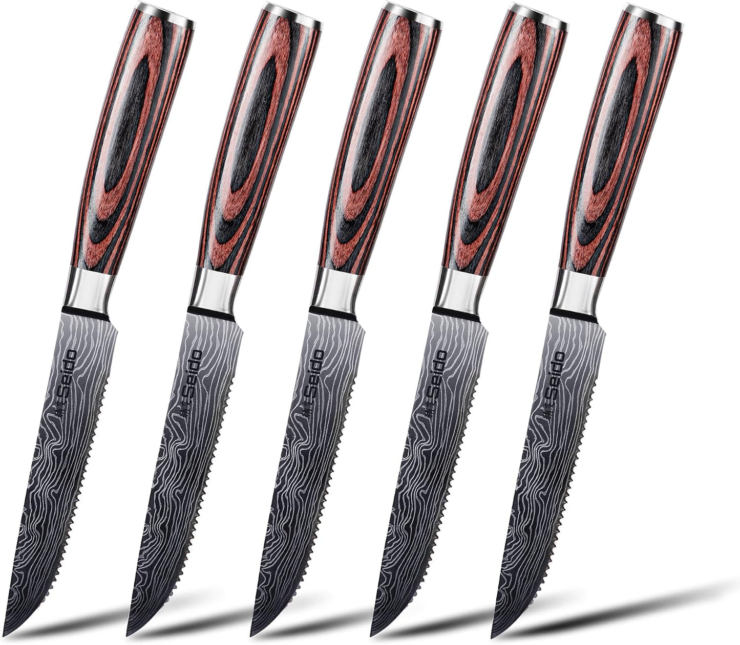 Seido 5-Piece Serrated Steak Knife Set, Stainless Steel Pakkawood | Hand-forged serrated steak knives with ergonomic pakkawood handles for table use and meat slicing