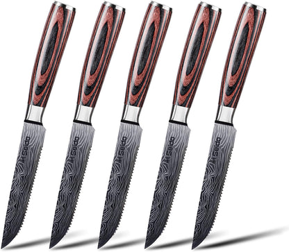 Seido 5-Piece Serrated Steak Knife Set, Stainless Steel Pakkawood | Hand-forged serrated steak knives with ergonomic pakkawood handles for table use and meat slicing