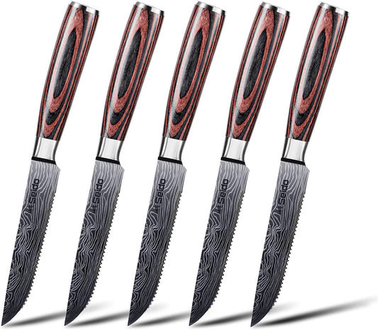 Seido 5-Piece Serrated Steak Knife Set, Stainless Steel Pakkawood | Hand-forged serrated steak knives with ergonomic pakkawood handles for table use and meat slicing
