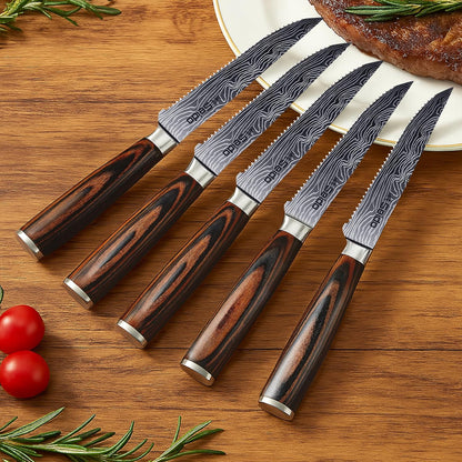 Seido 5-Piece Serrated Steak Knife Set, Stainless Steel Pakkawood | Hand-forged serrated steak knives with ergonomic pakkawood handles for table use and meat slicing