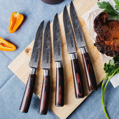 Seido 5-Piece Serrated Steak Knife Set, Stainless Steel Pakkawood | Hand-forged serrated steak knives with ergonomic pakkawood handles for table use and meat slicing