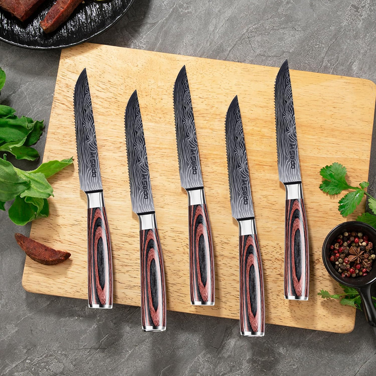 Seido 5-Piece Serrated Steak Knife Set, Stainless Steel Pakkawood | Hand-forged serrated steak knives with ergonomic pakkawood handles for table use and meat slicing