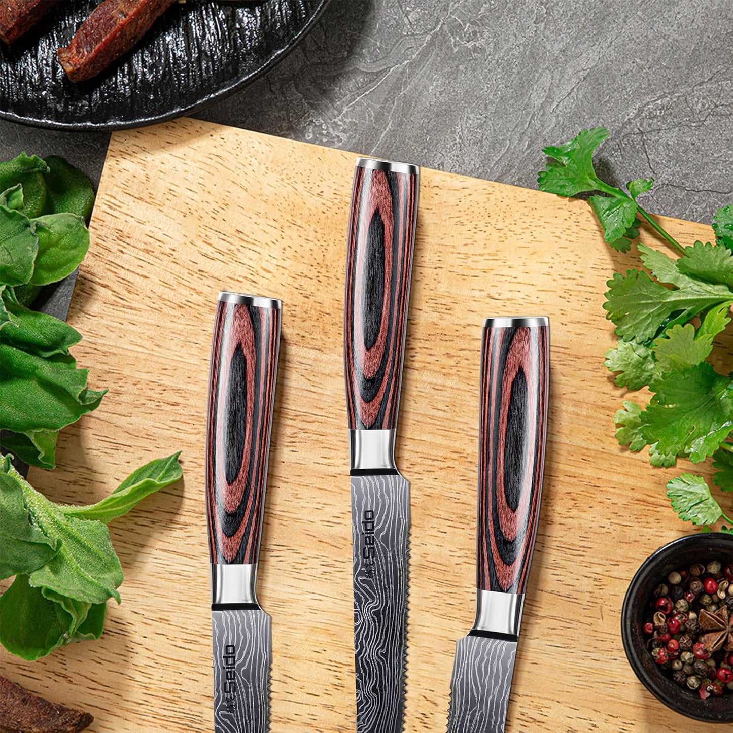 Seido 5-Piece Serrated Steak Knife Set, Stainless Steel Pakkawood | Hand-forged serrated steak knives with ergonomic pakkawood handles for table use and meat slicing