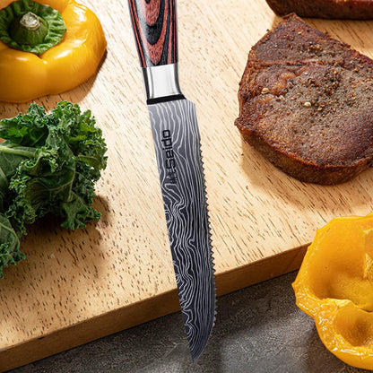 Seido 5-Piece Serrated Steak Knife Set, Stainless Steel Pakkawood | Hand-forged serrated steak knives with ergonomic pakkawood handles for table use and meat slicing