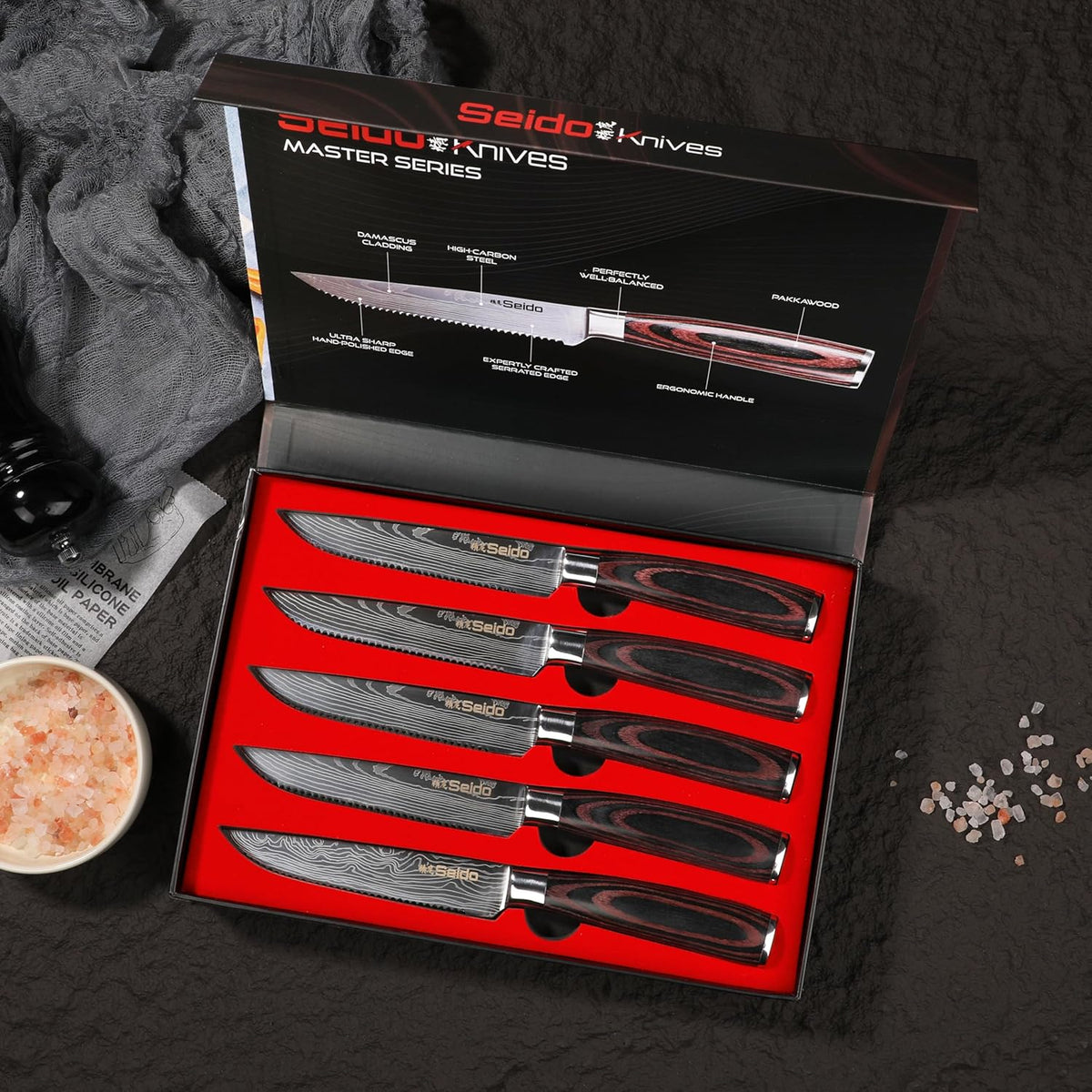 Seido 5-Piece Serrated Steak Knife Set, Stainless Steel Pakkawood | Hand-forged serrated steak knives with ergonomic pakkawood handles for table use and meat slicing