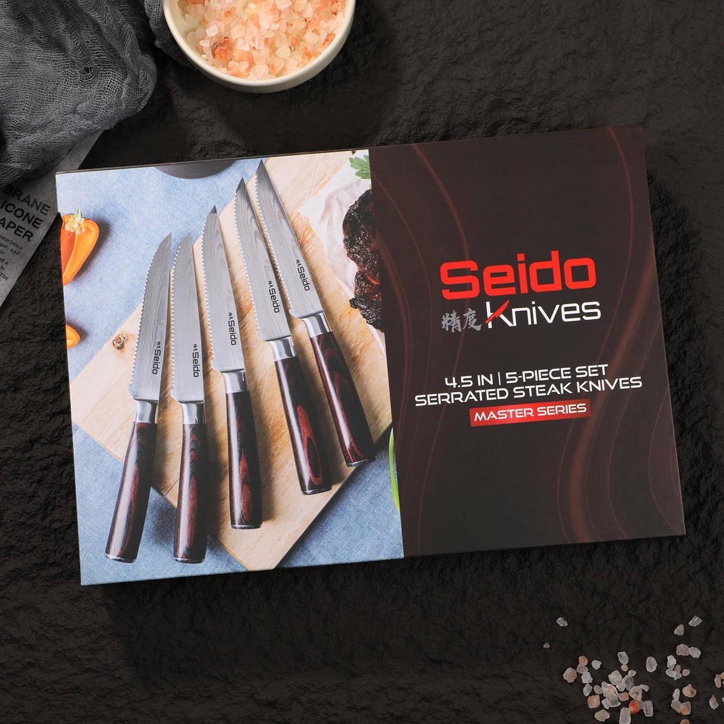 Seido 5-Piece Serrated Steak Knife Set, Stainless Steel Pakkawood | Hand-forged serrated steak knives with ergonomic pakkawood handles for table use and meat slicing
