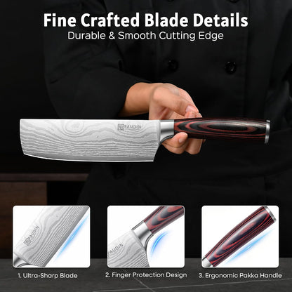 Nakiri Knife - 7" Razor Sharp Meat Cleaver and Vegetable Kitchen Knife, High Carbon Stainless Steel, Multipurpose Asian Chef Knife for Home and Kitchen with Ergonomic Handle