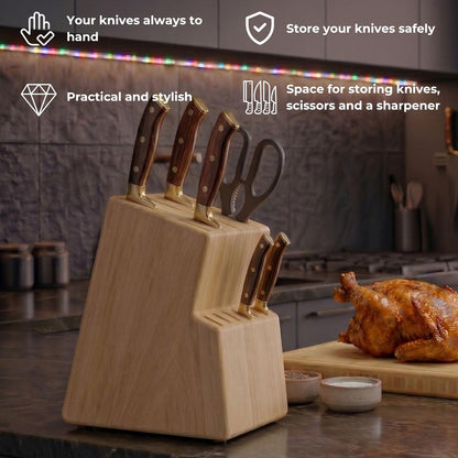 Kitchen knife holder elegant & sturdy (15 slots). Universal knife block with slots for knives, scissor and sharpenner. Knife Block without Knives. Kitchen knife holders for counter top. (Pine)