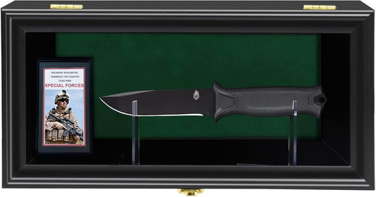 Knife Display Case Shadow Box Wall Mount Knife Stand Holder | Solid wood single knife display case with acrylic front and adjustable stand; wall mount shadow box for knife collection