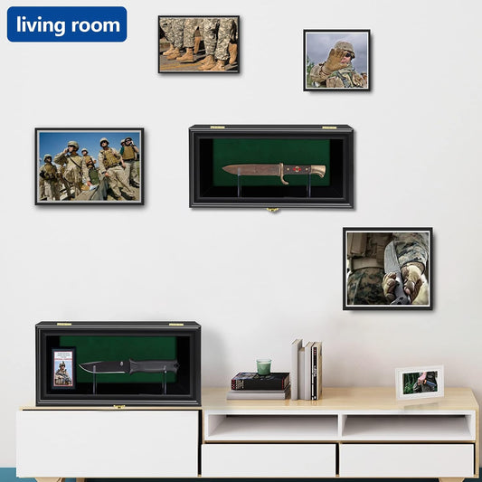 Knife Display Case Shadow Box Wall Mount Knife Stand Holder | Solid wood single knife display case with acrylic front and adjustable stand; wall mount shadow box for knife collection