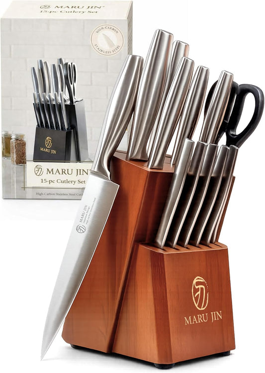 Japanese 15-Piece Kitchen Knife Block Set with Built-in Sharpener, High Carbon Stainless Steel Chef Knife Set, Dishwasher Safe Razor Sharp Cutlery Set (Wooden)