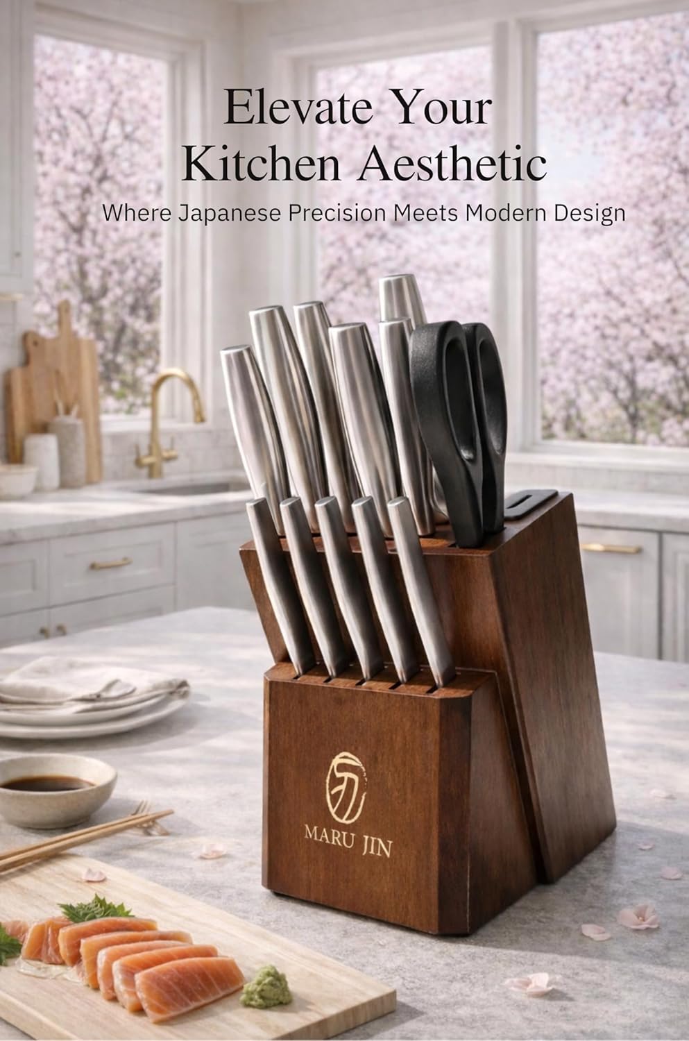 Japanese 15-Piece Kitchen Knife Block Set with Built-in Sharpener, High Carbon Stainless Steel Chef Knife Set, Dishwasher Safe Razor Sharp Cutlery Set (Wooden)