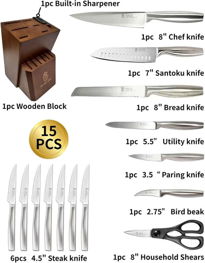 Japanese 15-Piece Kitchen Knife Block Set with Built-in Sharpener, High Carbon Stainless Steel Chef Knife Set, Dishwasher Safe Razor Sharp Cutlery Set (Wooden)
