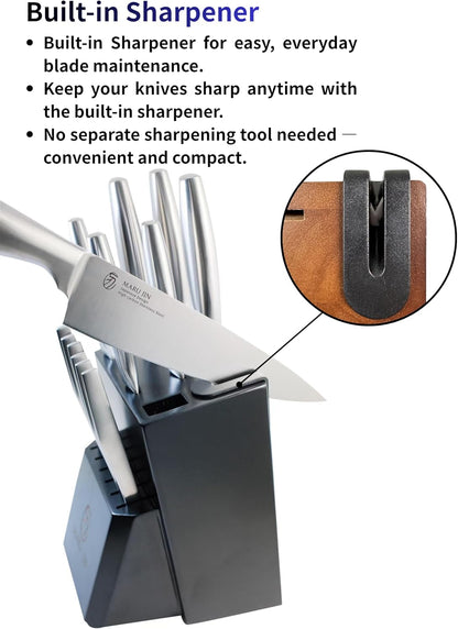 Japanese 15-Piece Kitchen Knife Block Set with Built-in Sharpener, High Carbon Stainless Steel Chef Knife Set, Dishwasher Safe Razor Sharp Cutlery Set (Wooden)