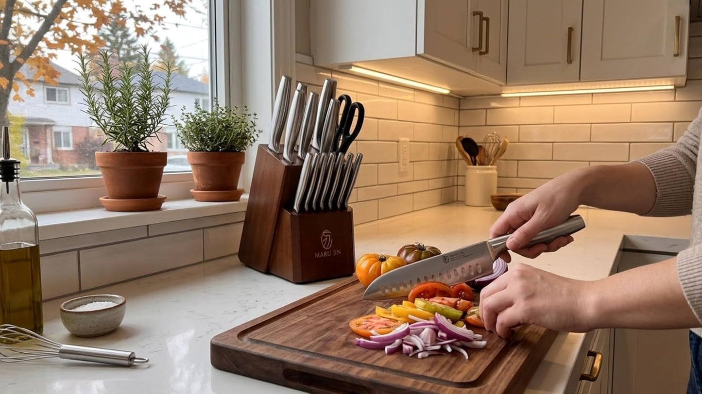 Japanese 15-Piece Kitchen Knife Block Set with Built-in Sharpener, High Carbon Stainless Steel Chef Knife Set, Dishwasher Safe Razor Sharp Cutlery Set (Wooden)