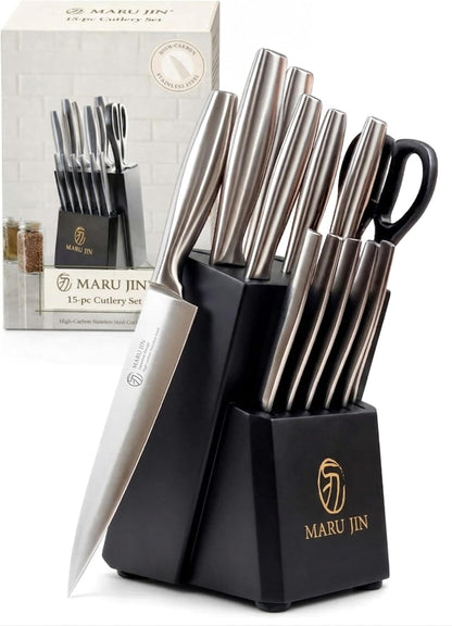 Japanese 15-Piece Kitchen Knife Block Set with Built-in Sharpener, High Carbon Stainless Steel Chef Knife Set, Dishwasher Safe Razor Sharp Cutlery Set (Wooden)