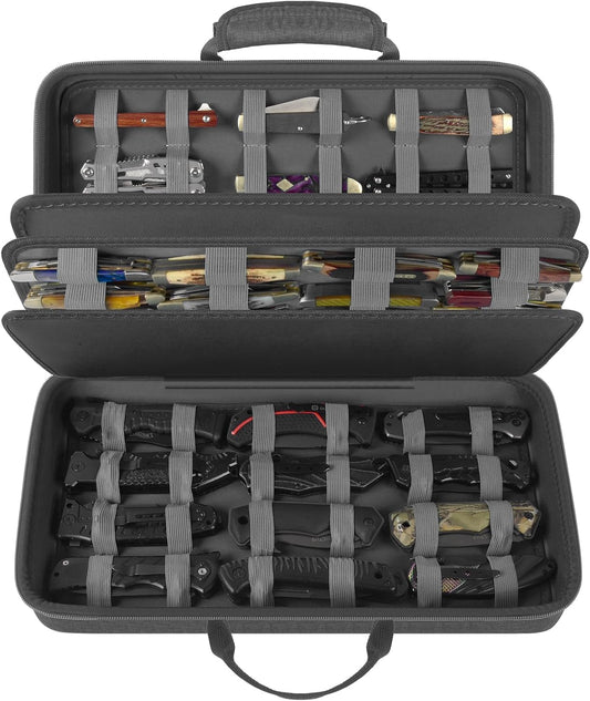 Knife Display Case for 64+ Pocket Knives and Folding Models with Handle | Knives Organized Carrier, Butterfly and EDC Mini Models, Outdoor Survival Tactical Collection Storage, Grey