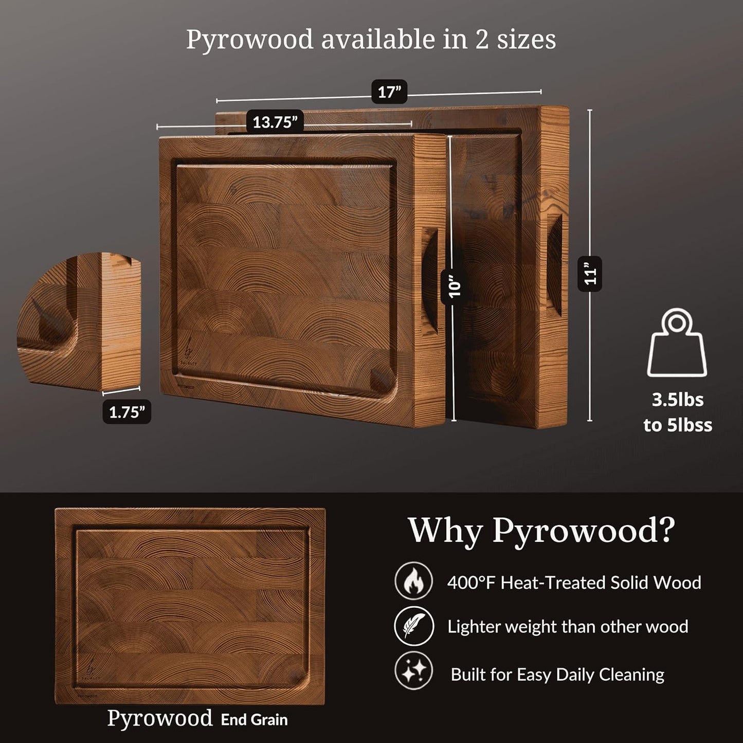 Cutting Board for Kitchen – Wood Cutting Board, Non Toxic Butcher Block, Cutting Boards with Juice Groove & Handles, Charcuterie Board – 10" x 13.75" x 1.75" (Pyrowood)