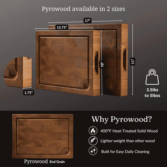 Cutting Board for Kitchen – Wood Cutting Board, Non Toxic Butcher Block, Cutting Boards with Juice Groove & Handles, Charcuterie Board – 10" x 13.75" x 1.75" (Pyrowood)