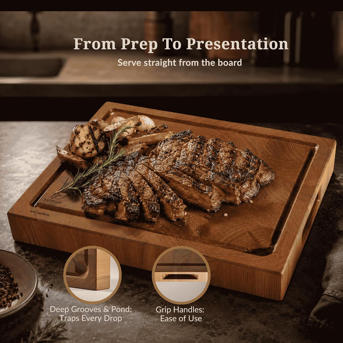 Cutting Board for Kitchen – Wood Cutting Board, Non Toxic Butcher Block, Cutting Boards with Juice Groove & Handles, Charcuterie Board – 10" x 13.75" x 1.75" (Pyrowood)