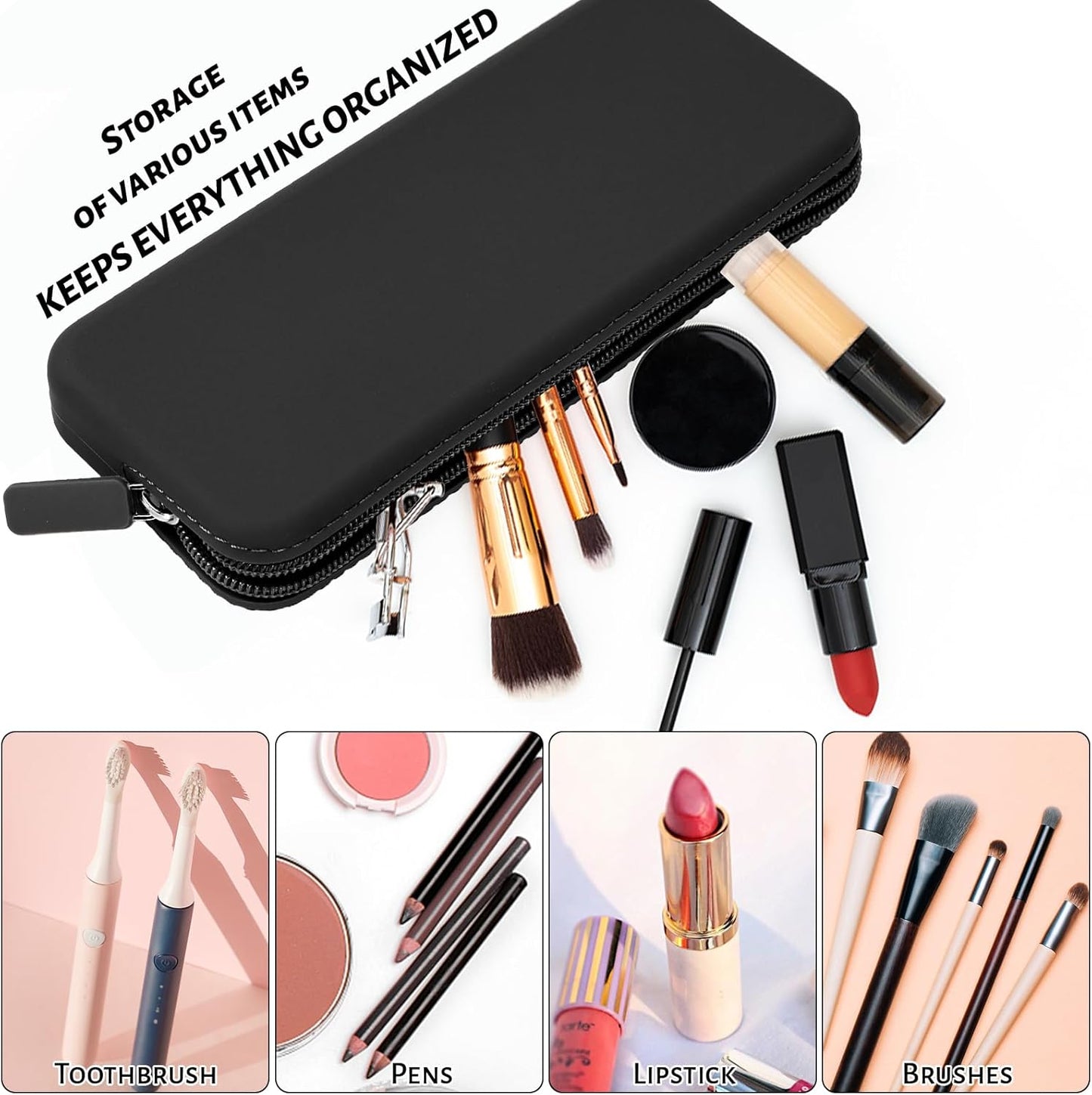 Travel Makeup Brush Holder, Silicone Makeup Brush Bag with Zipper Closure, Makeup Brushes Organizer Case Washable Makeup Pouch Holder Case for Daily, Work, Essentials（Black）