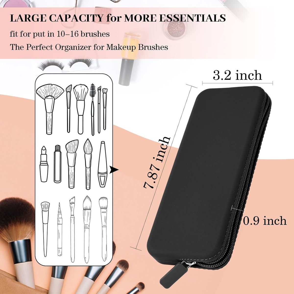Travel Makeup Brush Holder, Silicone Makeup Brush Bag with Zipper Closure, Makeup Brushes Organizer Case Washable Makeup Pouch Holder Case for Daily, Work, Essentials（Black）