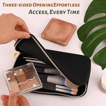 Travel Makeup Brush Holder, Silicone Makeup Brush Bag with Zipper Closure, Makeup Brushes Organizer Case Washable Makeup Pouch Holder Case for Daily, Work, Essentials（Black）