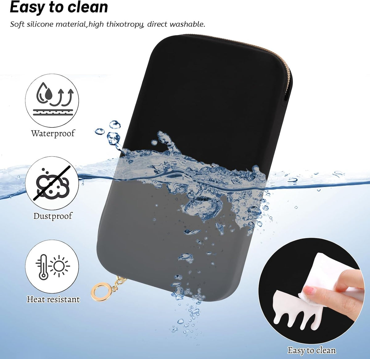 Travel Makeup Brush Holder, Silicone Makeup Brush Bag with Zipper Closure, Makeup Brushes Organizer Case Washable Makeup Pouch Holder Case for Daily, Work, Essentials（Black）