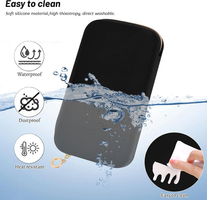 Travel Makeup Brush Holder, Silicone Makeup Brush Bag with Zipper Closure, Makeup Brushes Organizer Case Washable Makeup Pouch Holder Case for Daily, Work, Essentials（Black）
